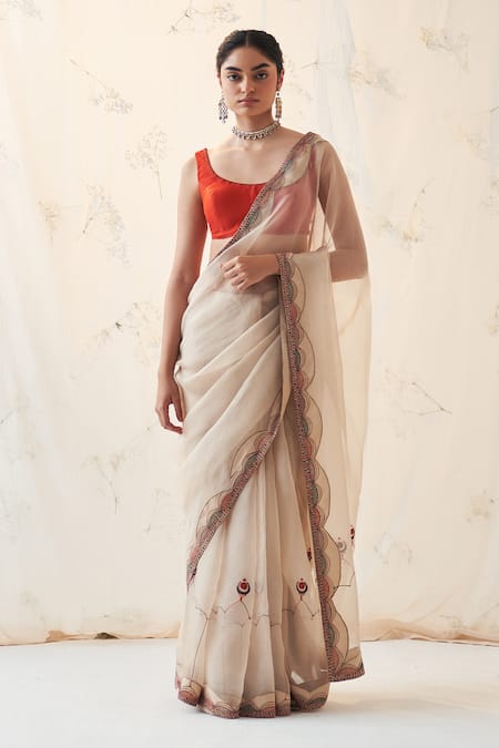JANKI INDIA Champagne Gold Organza Saree Set 