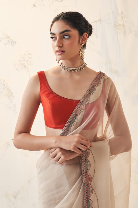 Buy_Janki India_Gold Organza, Chanderi, Cotton Embroidery Round Champagne Saree With Blouse _Online_at_Aza_Fashions