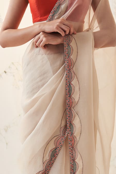 Shop_Janki India_Gold Organza, Chanderi, Cotton Embroidery Round Champagne Saree With Blouse _Online_at_Aza_Fashions