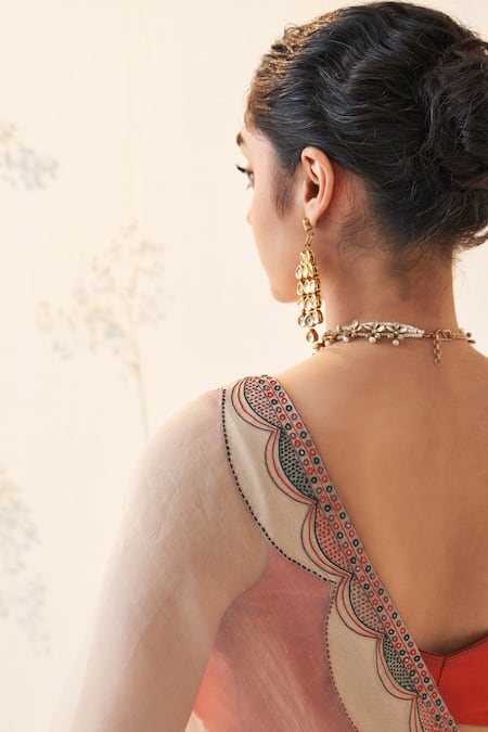 Janki India_Gold Organza, Chanderi, Cotton Embroidery Round Champagne Saree With Blouse _at_Aza_Fashions