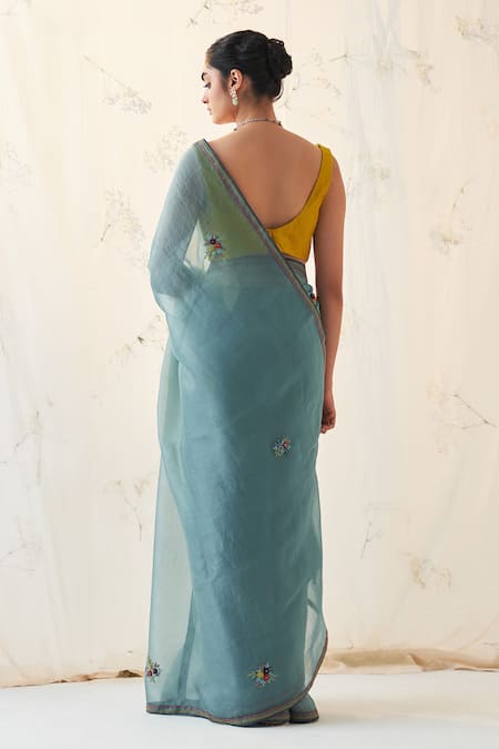 Shop Janki India Teal Organza, Chanderi, Cotton Embroidery Round Neck Saree With Blouse at Aza Fashions Shop_Janki India_Teal Organza, Chanderi, Cotton Embroidery Round Neck Saree With Blouse _at_Aza_Fashions