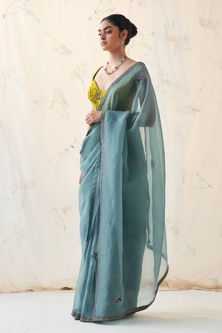 Janki India Teal Organza, Chanderi, Cotton Embroidery Round Neck Saree With Blouse Online at Aza Fashions Janki India_Teal Organza, Chanderi, Cotton Embroidery Round Neck Saree With Blouse _Online_at_Aza_Fashions