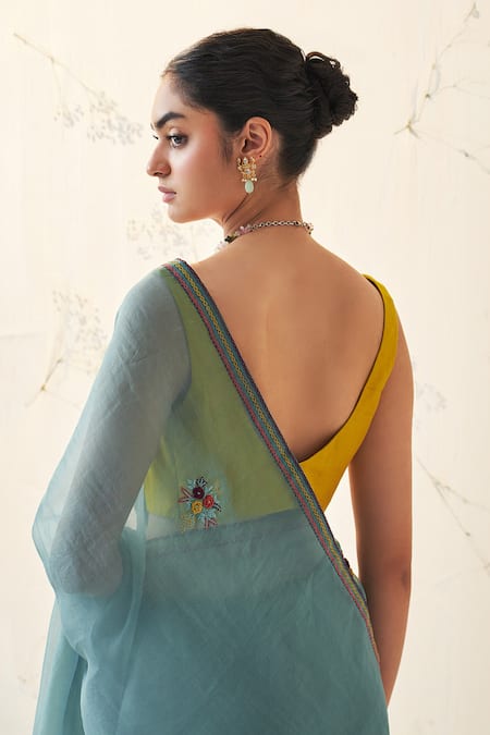 Buy Janki India Teal Organza, Chanderi, Cotton Embroidery Round Neck Saree With Blouse Online at Aza Fashions Buy_Janki India_Teal Organza, Chanderi, Cotton Embroidery Round Neck Saree With Blouse _Online_at_Aza_Fashions