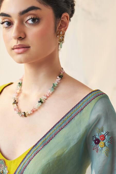 Shop Janki India Teal Organza, Chanderi, Cotton Embroidery Round Neck Saree With Blouse Online at Aza Fashions Shop_Janki India_Teal Organza, Chanderi, Cotton Embroidery Round Neck Saree With Blouse _Online_at_Aza_Fashions