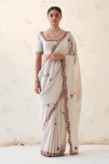 JANKI INDIA Embroidered Ivory Silk Saree Set 