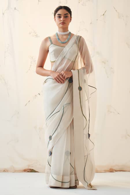 JANKI INDIA Ivory Organza Saree Set with Blouse 