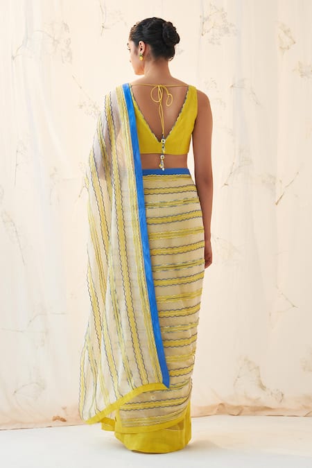 Janki India Ivory Yellow Chanderi Saree Set 