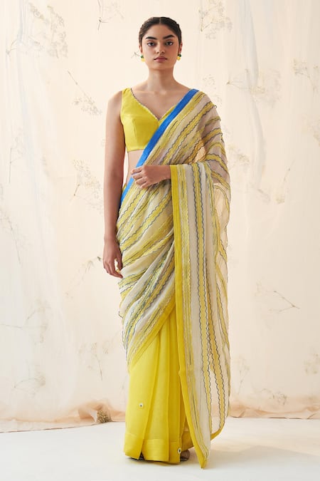 JANKI INDIA Yellow Chanderi Embroidery V-neck Ivory Saree Set 
