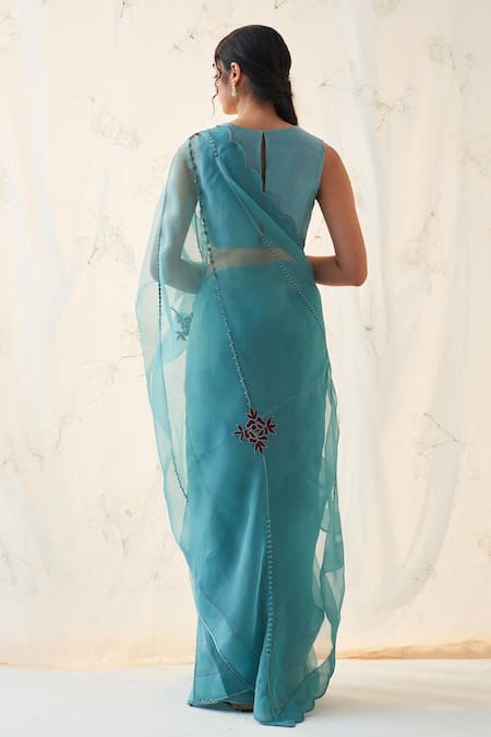 Janki India Teal Embroidered Organza Saree Set 