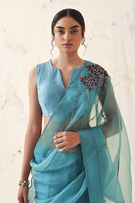 Buy_Janki India_Teal Organza, Chanderi, Cotton Embroidery V-neck Saree Set _Online_at_Aza_Fashions
