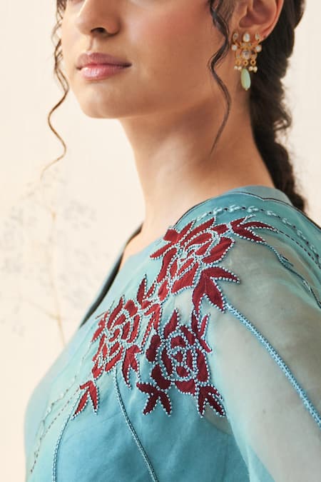 Shop_Janki India_Teal Organza, Chanderi, Cotton Embroidery V-neck Saree Set _Online_at_Aza_Fashions