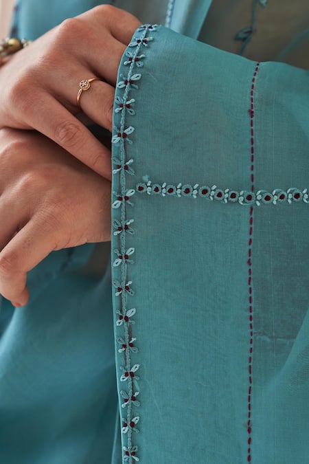 Janki India_Teal Organza, Chanderi, Cotton Embroidery V-neck Saree Set _at_Aza_Fashions