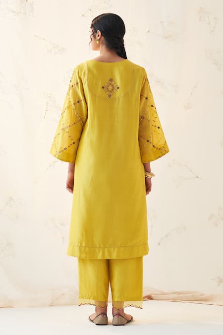 Shop Janki India Yellow Chanderi, Organza Embroidery Round Neck Kurta Pant Set at Aza Fashions Shop_Janki India_Yellow Chanderi, Organza Embroidery Round Neck Kurta Pant Set _at_Aza_Fashions