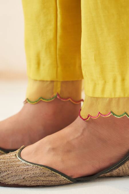 Janki India Yellow Chanderi, Organza Embroidery Round Neck Kurta Pant Set at Aza Fashions Janki India_Yellow Chanderi, Organza Embroidery Round Neck Kurta Pant Set _at_Aza_Fashions