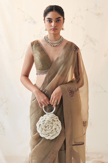 Janki India Gold Organza, Chanderi, Cotton Embroidery V-neck Champagne Saree With Blouse Online at Aza Fashions Janki India_Gold Organza, Chanderi, Cotton Embroidery V-neck Champagne Saree With Blouse _Online_at_Aza_Fashions