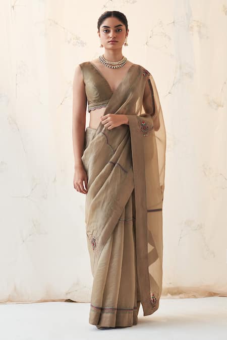JANKI INDIA Champagne Organza Saree with Blouse 