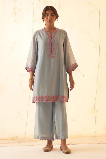 Janki India Ice Blue Embroidered Kurta Set 