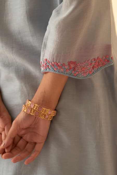 Buy_Janki India_Blue Chanderi, Organza Embroidery Split V-neck Ice Kurta Set _Online_at_Aza_Fashions