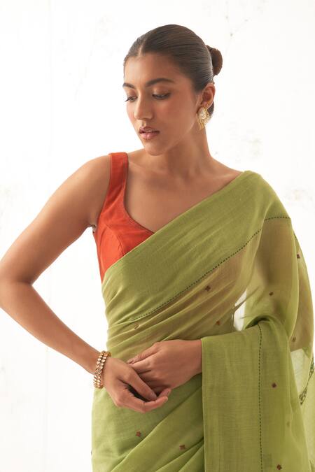 Shop Janki India Green Chanderi, Cotton Embroidery Round Neck Saree Set Online at Aza Fashions Shop_Janki India_Green Chanderi, Cotton Embroidery Round Neck Saree Set _Online_at_Aza_Fashions