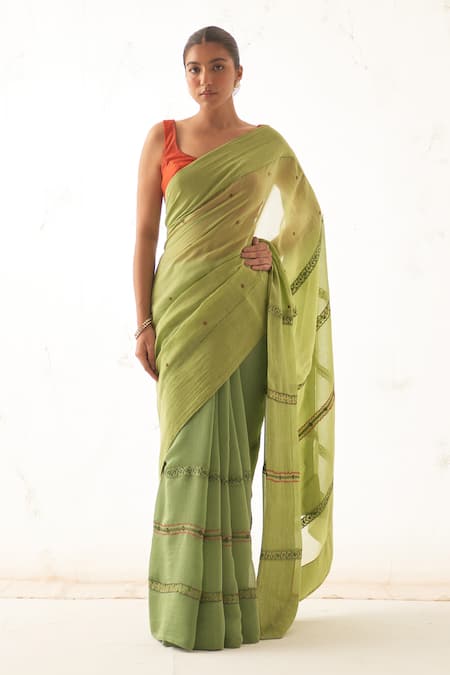 JANKI INDIA Green Chanderi, Cotton Embroidery Scoop Neck Saree Set 
