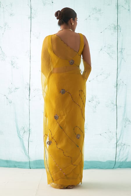 Janki India Yellow Organza Saree With Blouse 