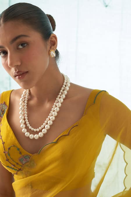 Buy_Janki India_Yellow Organza, Chanderi, Cotton Embroidery Round Neck Saree With Blouse _Online_at_Aza_Fashions