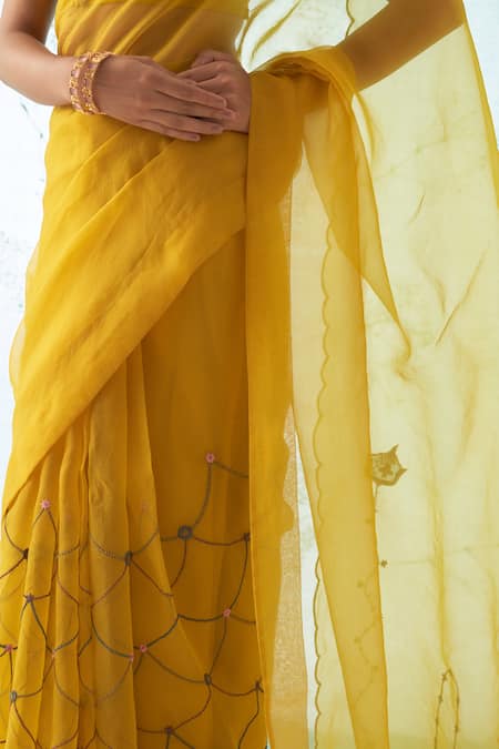 Shop_Janki India_Yellow Organza, Chanderi, Cotton Embroidery Round Neck Saree With Blouse _Online_at_Aza_Fashions