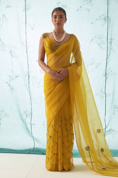 Janki India_Yellow Organza, Chanderi, Cotton Embroidery Round Neck Saree With Blouse _at_Aza_Fashions