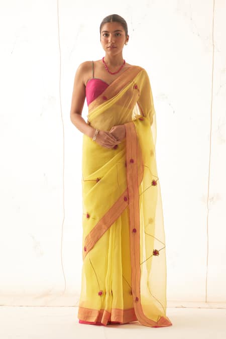 JANKI INDIA Yellow Organza Saree Set with Blouse 