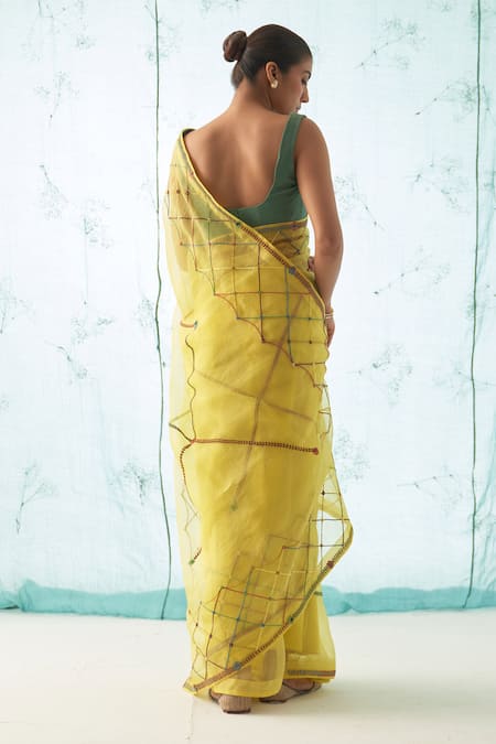 Janki India Yellow Organza Saree with Blouse 