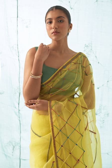 Buy_Janki India_Yellow Organza, Chanderi, Cotton Embroidery Square Neck Saree With Blouse _Online_at_Aza_Fashions