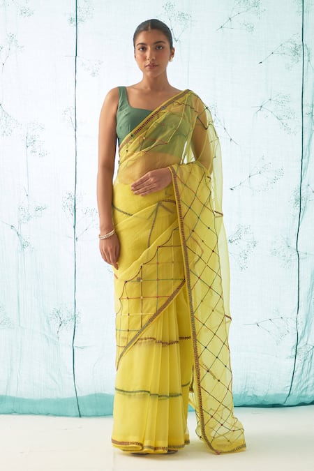 JANKI INDIA Yellow Organza Saree Set with Checkered Work 