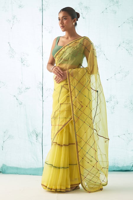Shop_Janki India_Yellow Organza, Chanderi, Cotton Embroidery Square Neck Saree With Blouse _Online_at_Aza_Fashions
