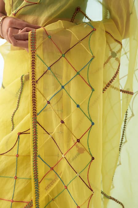Janki India_Yellow Organza, Chanderi, Cotton Embroidery Square Neck Saree With Blouse _at_Aza_Fashions