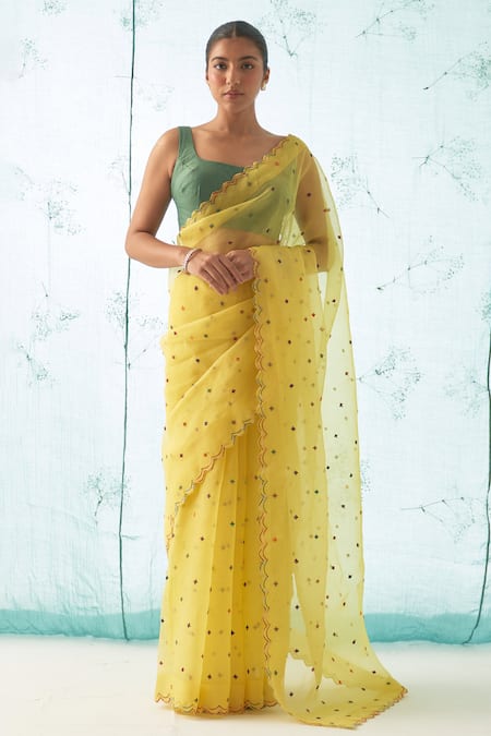 JANKI INDIA Yellow Organza Saree Set with Scallop Border 