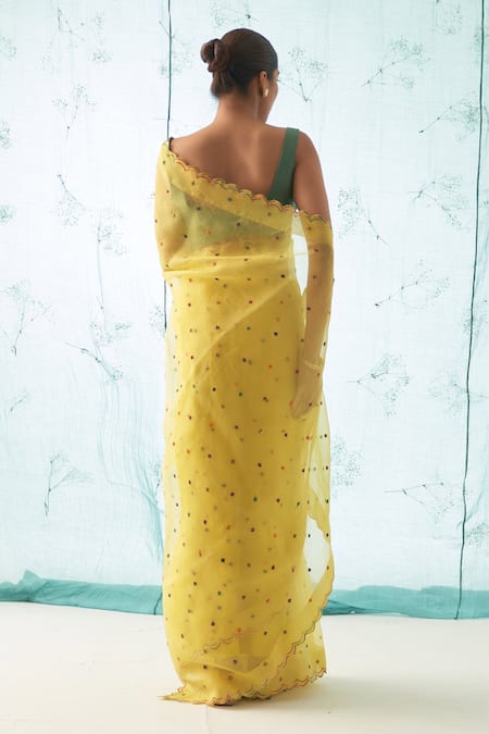 Janki India Yellow Organza Saree Set with Scallop Border 