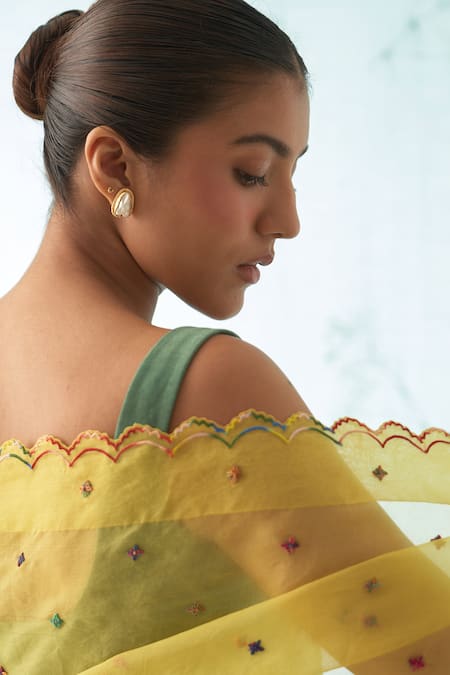 Buy_Janki India_Yellow Organza, Chanderi, Cotton Embroidery Round Saree Set With Scallop Border _Online_at_Aza_Fashions