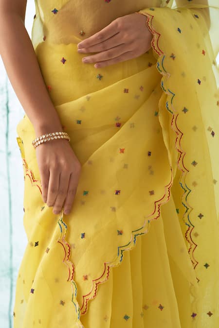 Shop_Janki India_Yellow Organza, Chanderi, Cotton Embroidery Round Saree Set With Scallop Border _Online_at_Aza_Fashions