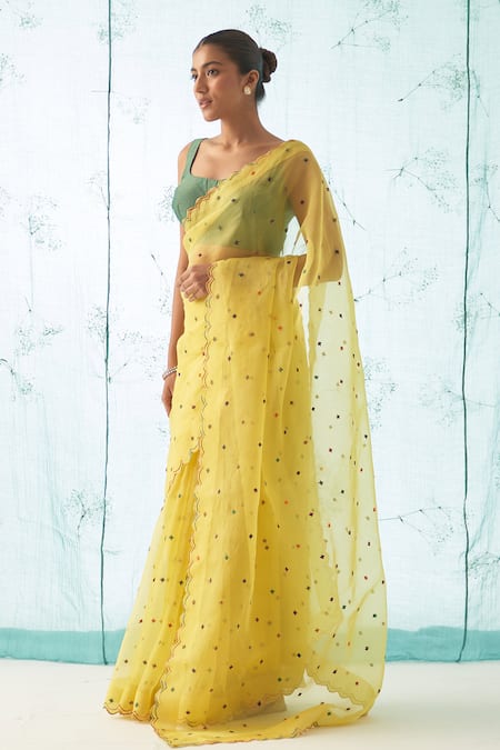 Janki India_Yellow Organza, Chanderi, Cotton Embroidery Round Saree Set With Scallop Border _at_Aza_Fashions