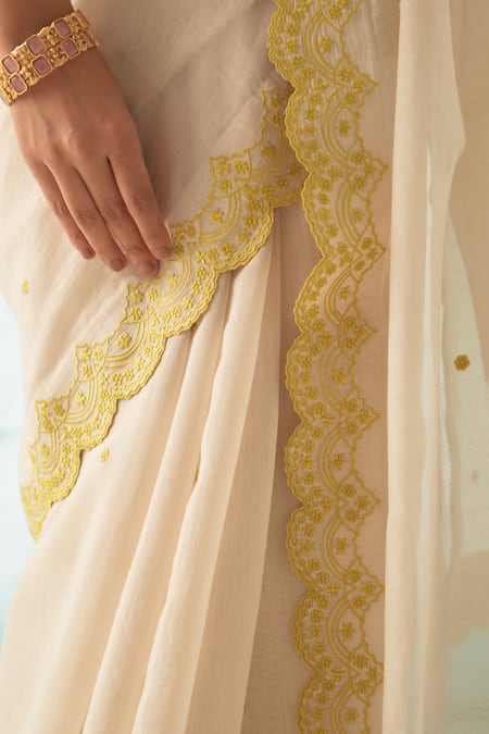 Buy_Janki India_Ivory Organza, Chanderi, Cotton Embroidery V-neck Saree Set With Yellow Border _Online_at_Aza_Fashions