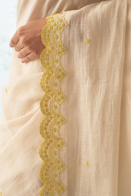 Shop_Janki India_Ivory Organza, Chanderi, Cotton Embroidery V-neck Saree Set With Yellow Border _Online_at_Aza_Fashions