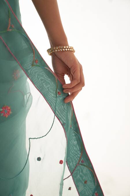 Buy Janki India Teal Organza, Silk, Cotton Embroidery V-neck Saree Set Online at Aza Fashions Buy_Janki India_Teal Organza, Silk, Cotton Embroidery V-neck Saree Set _Online_at_Aza_Fashions