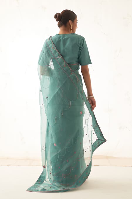 Janki India Teal Organza Saree Set 