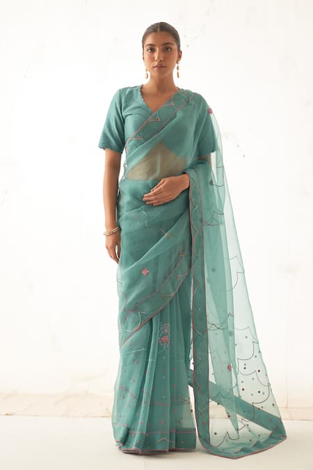 JANKI INDIA Teal Organza Saree Set 