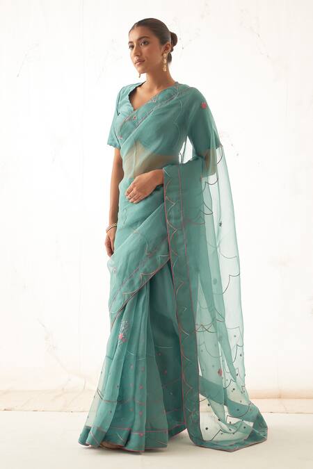 Shop Janki India Teal Organza, Silk, Cotton Embroidery V-neck Saree Set Online at Aza Fashions Shop_Janki India_Teal Organza, Silk, Cotton Embroidery V-neck Saree Set _Online_at_Aza_Fashions
