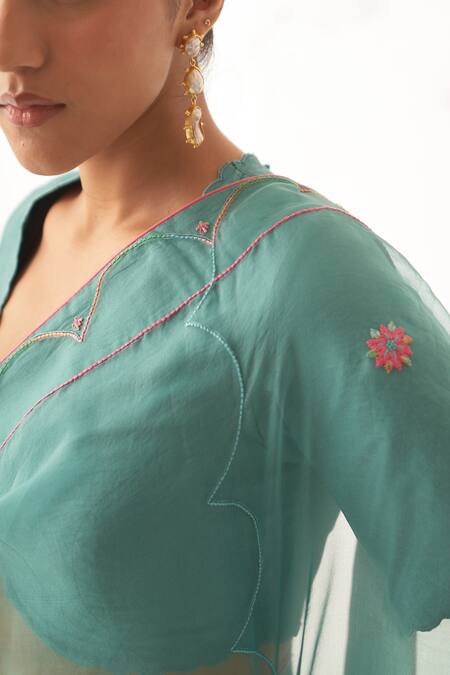 Janki India Teal Organza, Silk, Cotton Embroidery V-neck Saree Set at Aza Fashions Janki India_Teal Organza, Silk, Cotton Embroidery V-neck Saree Set _at_Aza_Fashions