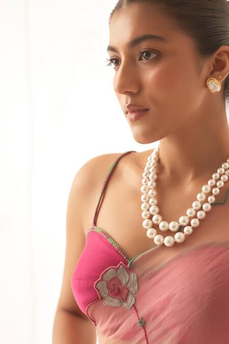 Buy Janki India Peach Organza, Chanderi, Cotton Embroidery Round Neck Saree Set Online at Aza Fashions Buy_Janki India_Peach Organza, Chanderi, Cotton Embroidery Round Neck Saree Set _Online_at_Aza_Fashions