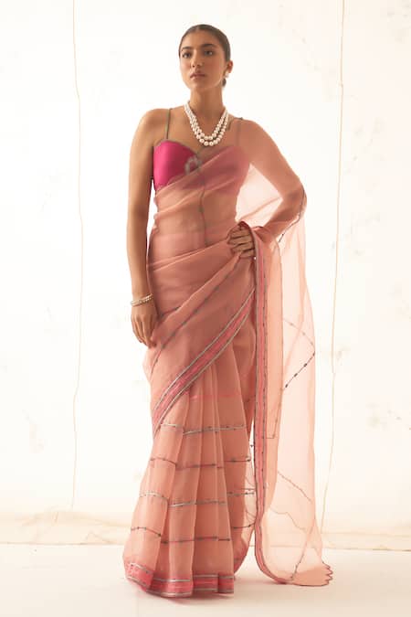 JANKI INDIA Peach Organza Embroidered Saree Set 