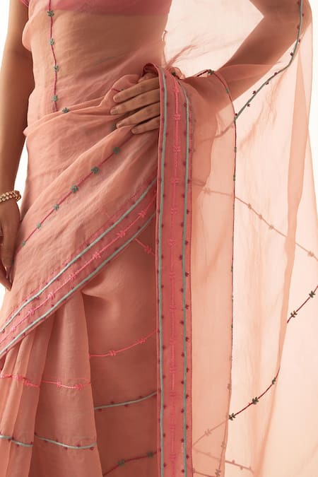 Shop Janki India Peach Organza, Chanderi, Cotton Embroidery Round Neck Saree Set Online at Aza Fashions Shop_Janki India_Peach Organza, Chanderi, Cotton Embroidery Round Neck Saree Set _Online_at_Aza_Fashions