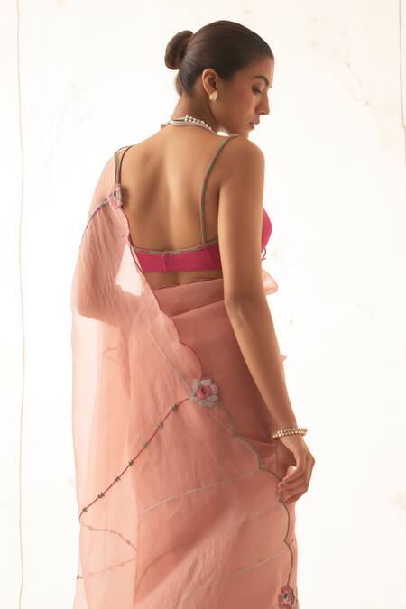 Janki India Peach Organza, Chanderi, Cotton Embroidery Round Neck Saree Set at Aza Fashions Janki India_Peach Organza, Chanderi, Cotton Embroidery Round Neck Saree Set _at_Aza_Fashions